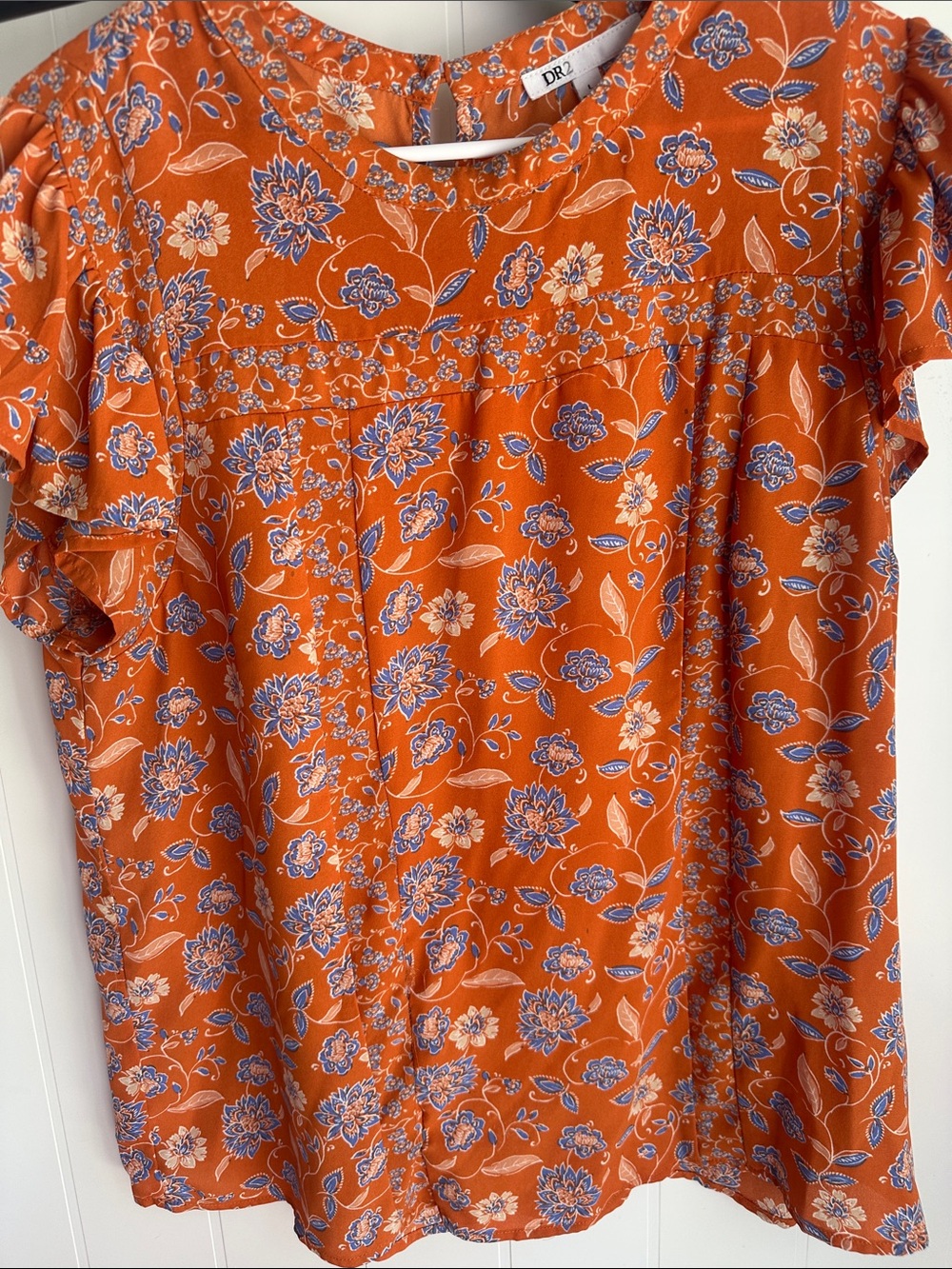 DR2 Orange Floral Flutter-Sleeve Blouse with Blue Accents